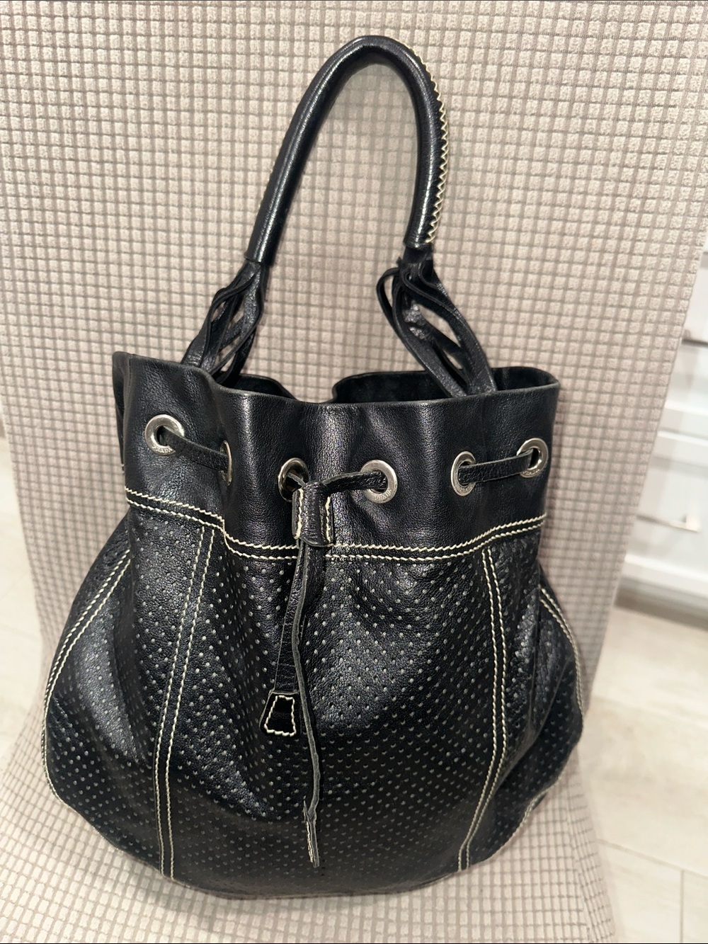 Y2K Prada vintage  Black Drawstring Shoulder Bag with Contrast Stitching